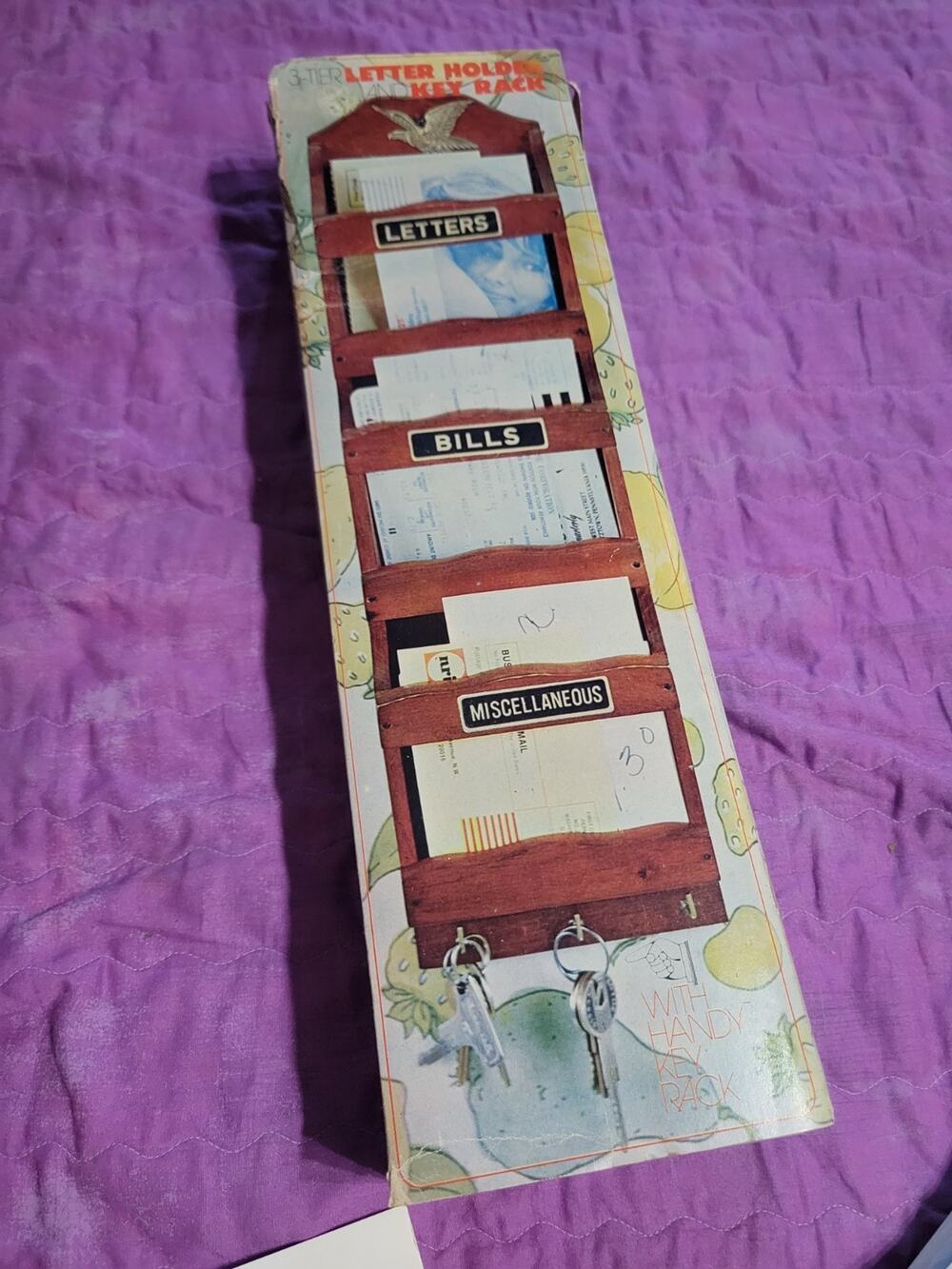 Vintage Eagle Wood Mail Organizer Letter Bills Postcard Key Holder Wall Rack